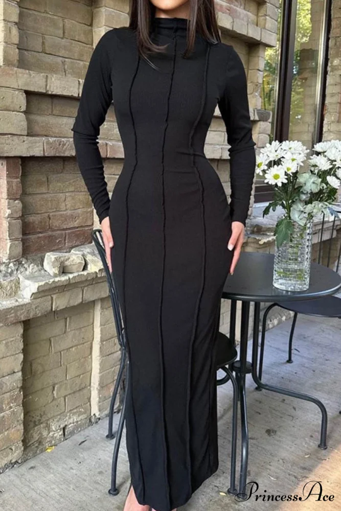 Bodycon Dress with Crew Neck and Slit - Image 3