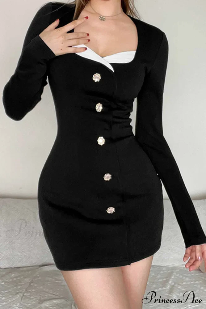 Long Sleeve Bodycon Dress with Buttons - Image 5