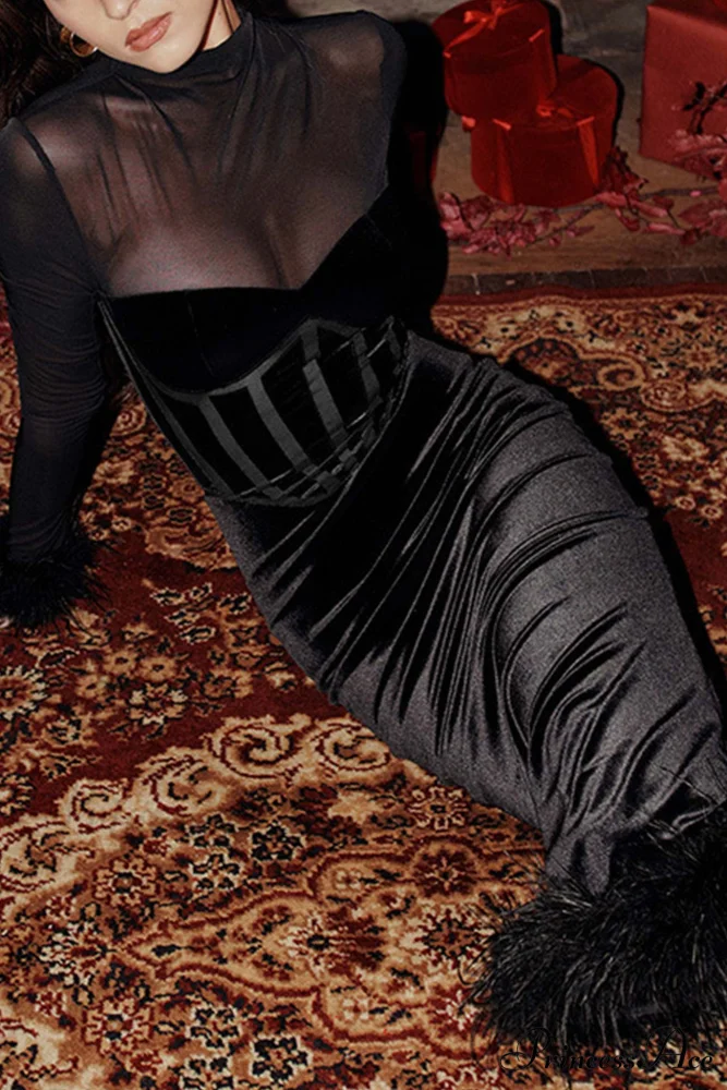 Velvet Patchwork Fuzzy Hem Slit Dress - Image 2