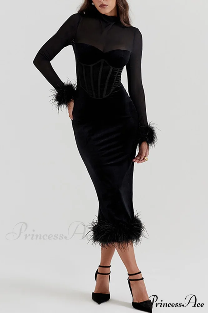 Velvet Patchwork Fuzzy Hem Slit Dress - Image 3