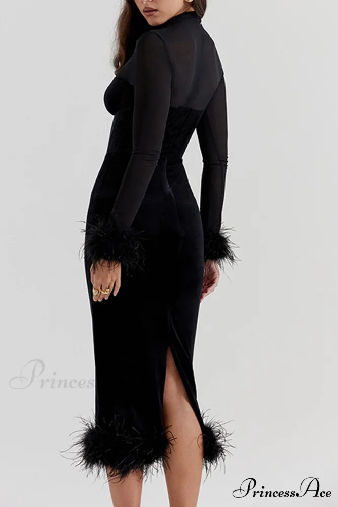 Velvet Patchwork Fuzzy Hem Slit Dress - Image 4