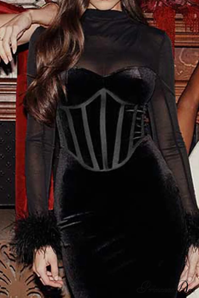 Velvet Patchwork Fuzzy Hem Slit Dress - Image 5