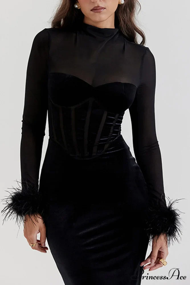 Velvet Patchwork Fuzzy Hem Slit Dress - Image 7