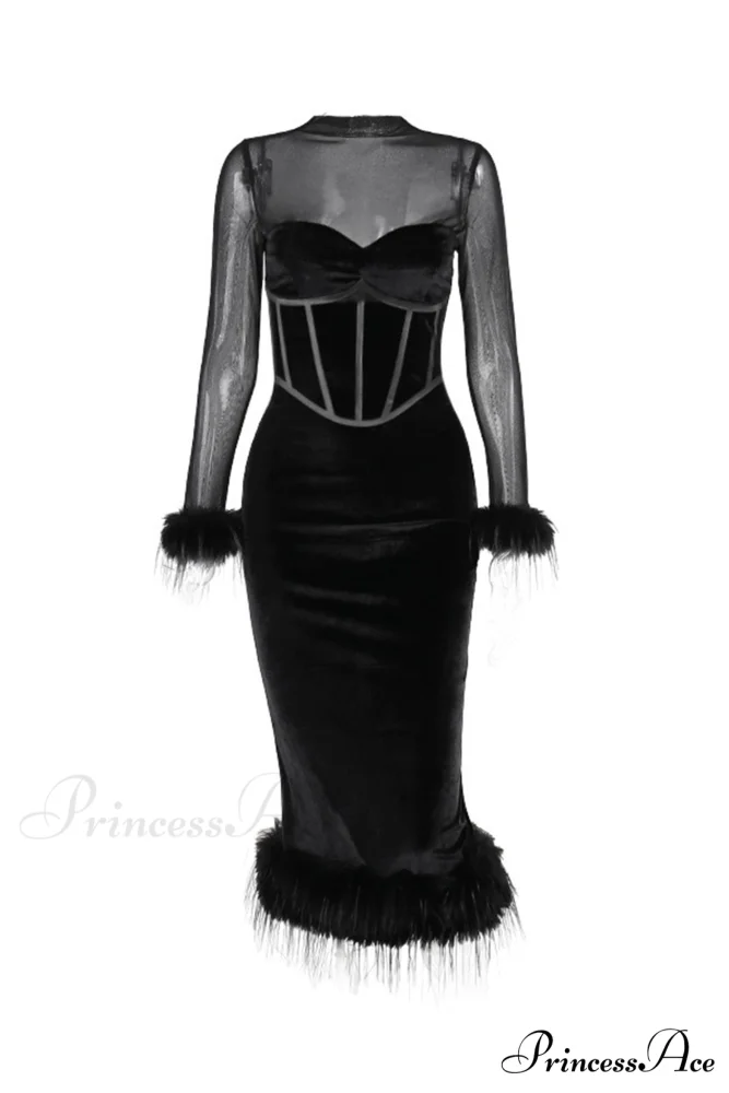 Velvet Patchwork Fuzzy Hem Slit Dress - Image 8