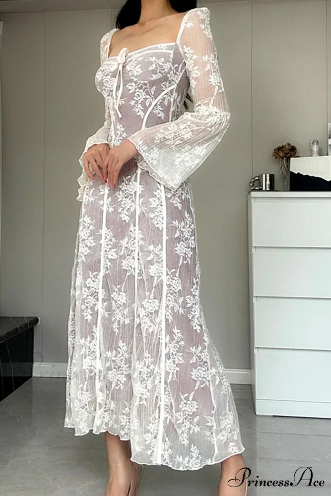 Lace Tie-up Flares Sleeve Midi Dress - Image 2