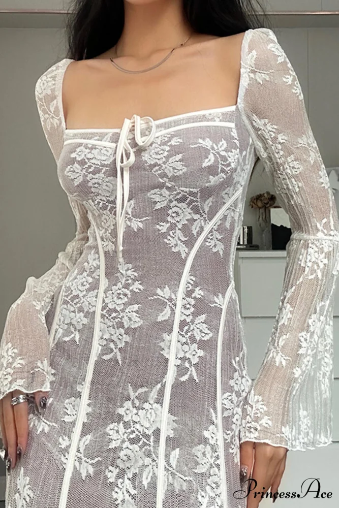 Lace Tie-up Flares Sleeve Midi Dress - Image 3