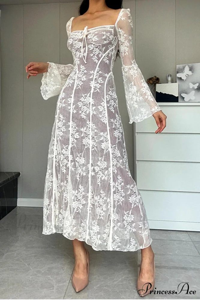 Lace Tie-up Flares Sleeve Midi Dress - Image 5