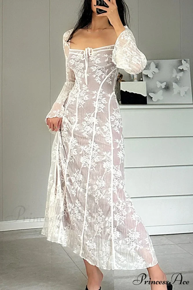 Lace Tie-up Flares Sleeve Midi Dress - Image 6