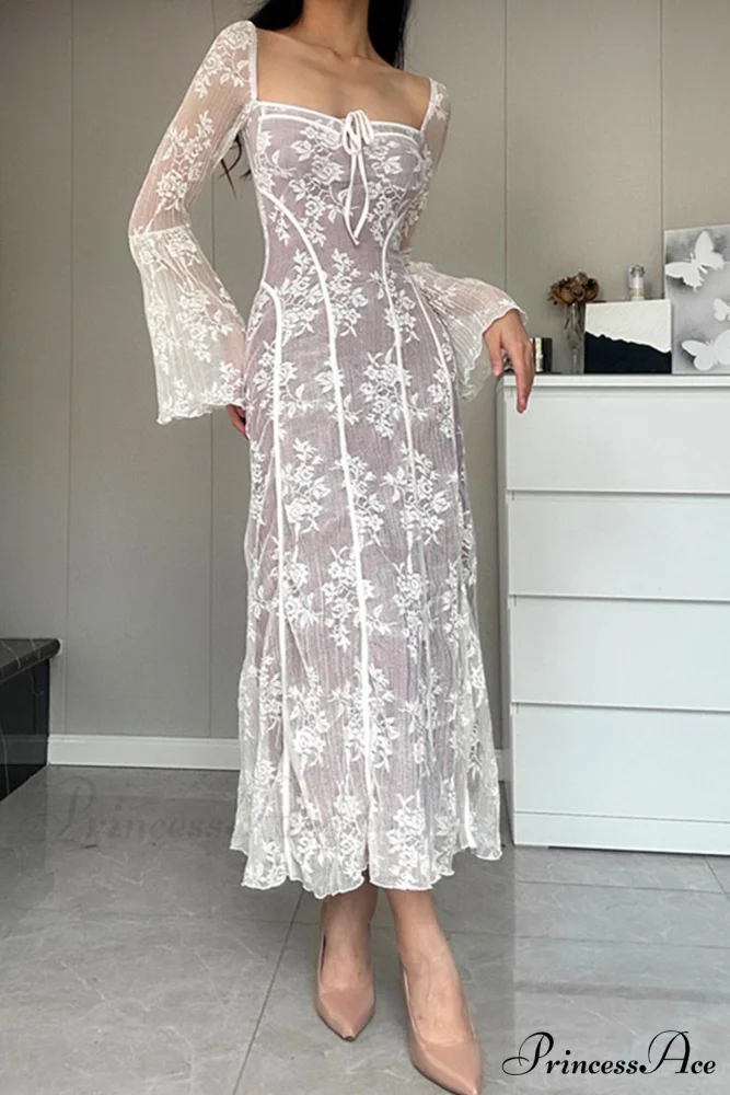 Lace Tie-up Flares Sleeve Midi Dress - Image 7