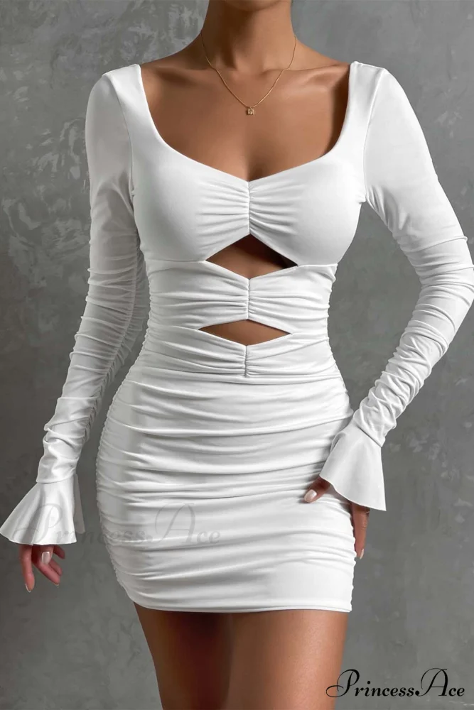 V Neck Cutout Bell Sleeve Pleated Dress - Image 2