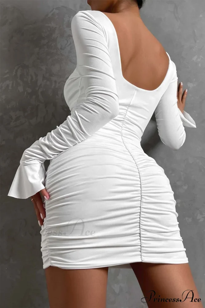 V Neck Cutout Bell Sleeve Pleated Dress - Image 6