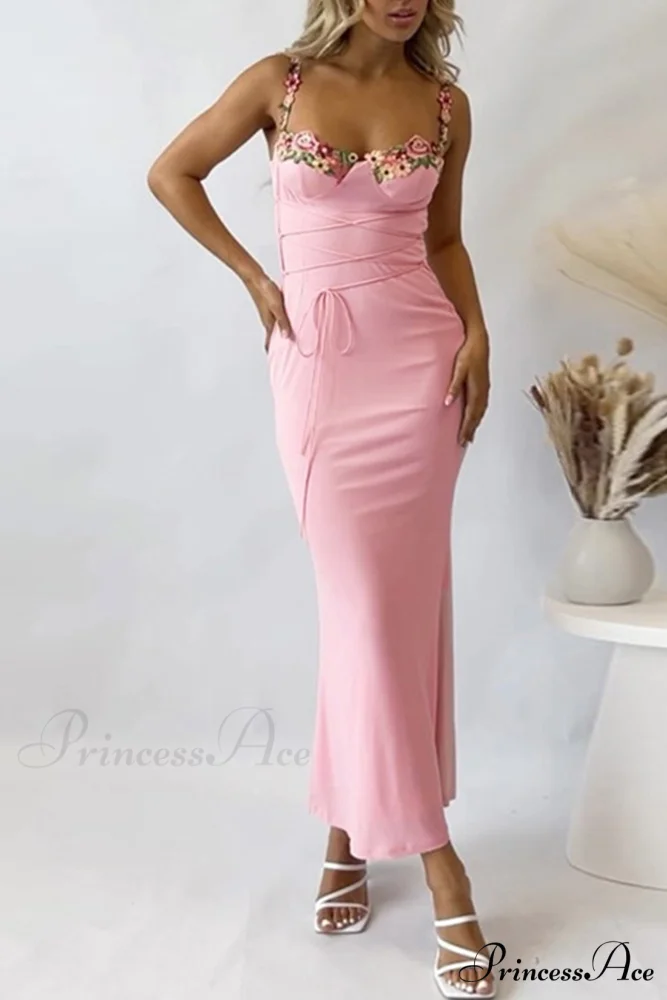 Embroidered Floral Strappy Dress - Image 4