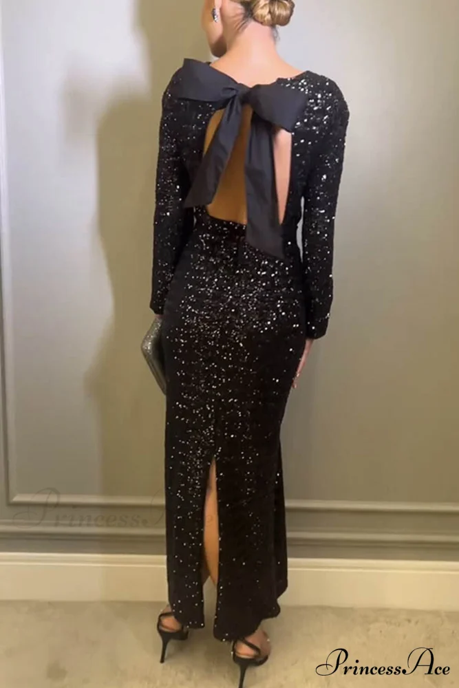 Sequin Bow Backless Dress with Slit - Image 2