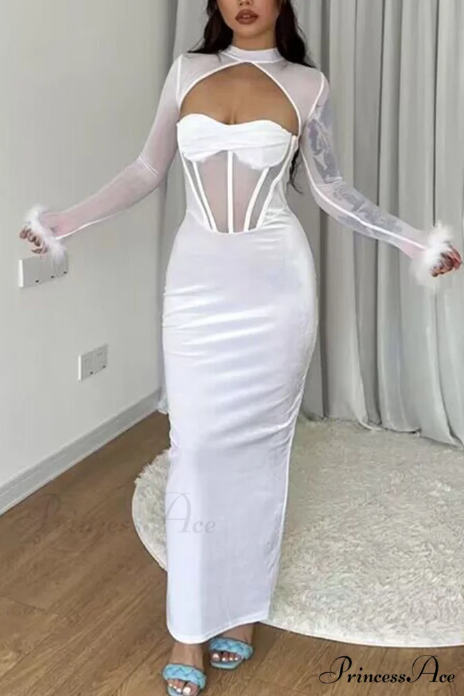 Plush Mesh Patchwork Corset Midi Dress with Hollow Detail - Image 10