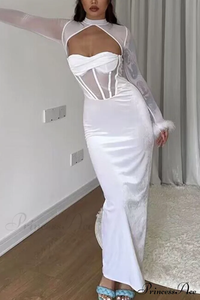Plush Mesh Patchwork Corset Midi Dress with Hollow Detail - Image 11