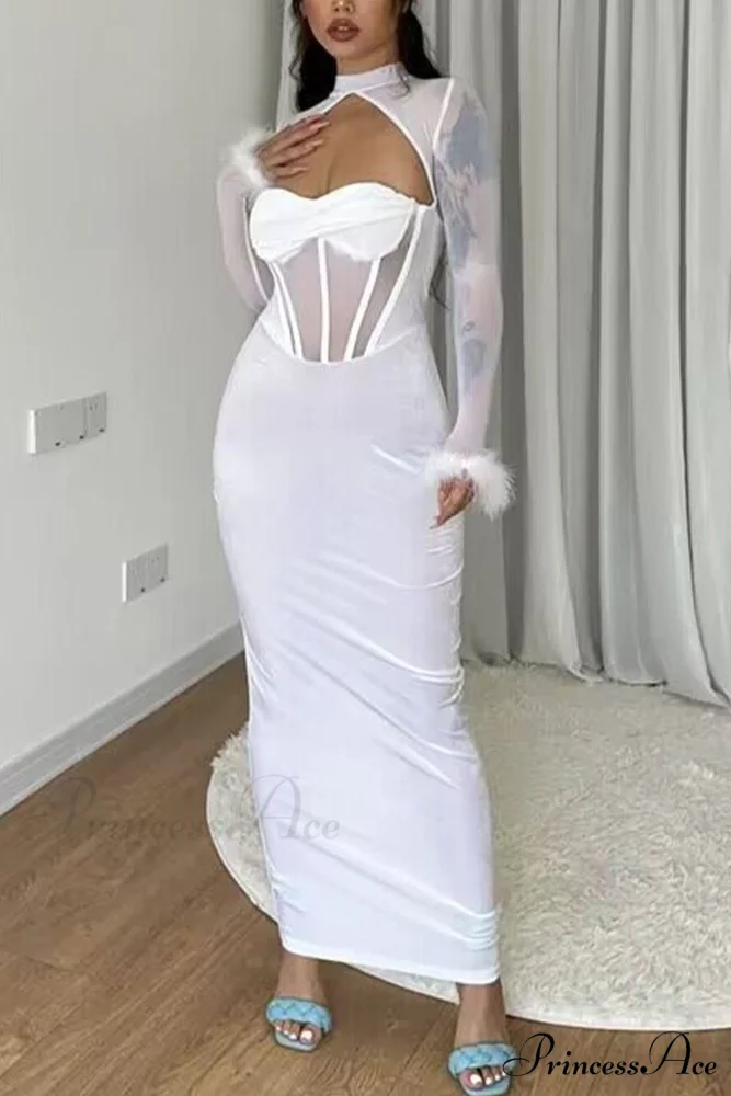 Plush Mesh Patchwork Corset Midi Dress with Hollow Detail - Image 12