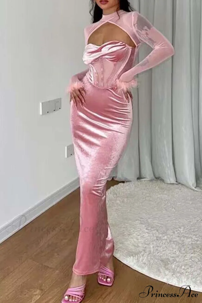 Plush Mesh Patchwork Corset Midi Dress with Hollow Detail - Image 16