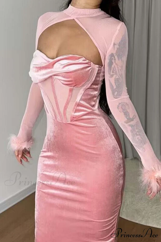 Plush Mesh Patchwork Corset Midi Dress with Hollow Detail - Image 17