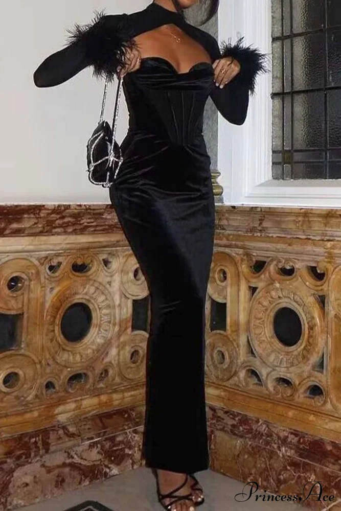 Plush Mesh Patchwork Corset Midi Dress with Hollow Detail - Image 2