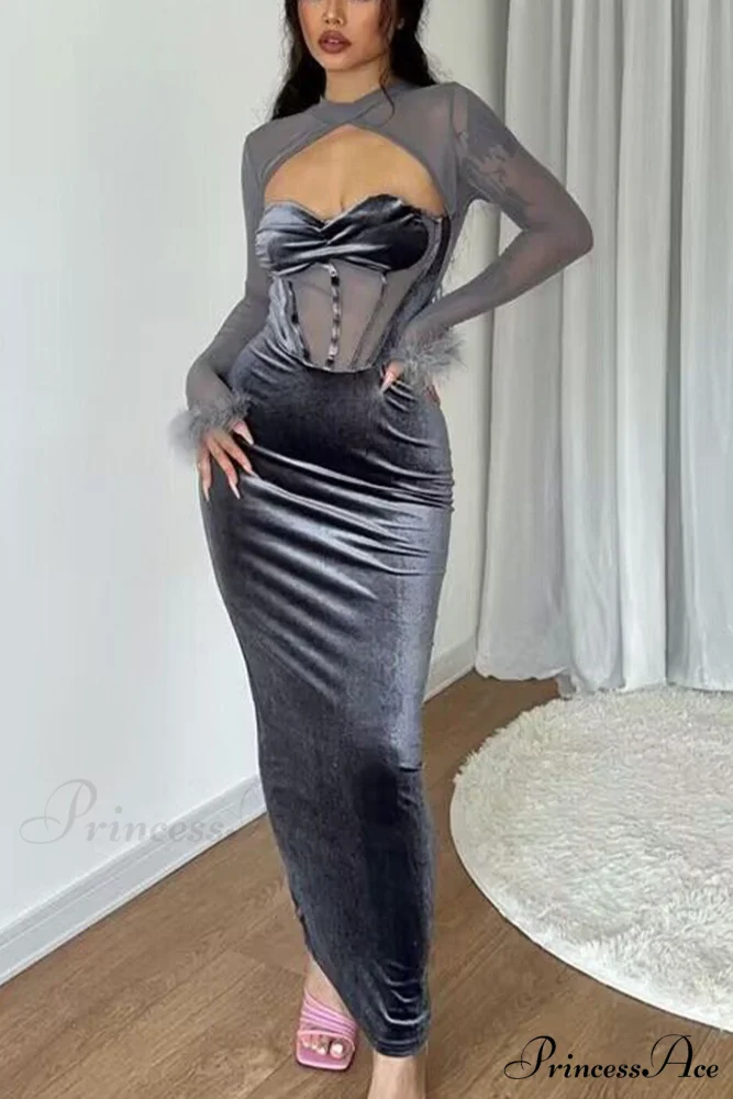 Plush Mesh Patchwork Corset Midi Dress with Hollow Detail - Image 4