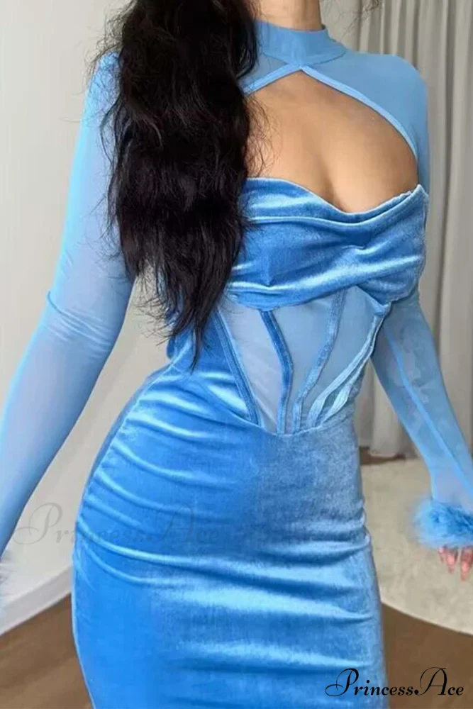 Plush Mesh Patchwork Corset Midi Dress with Hollow Detail - Image 7