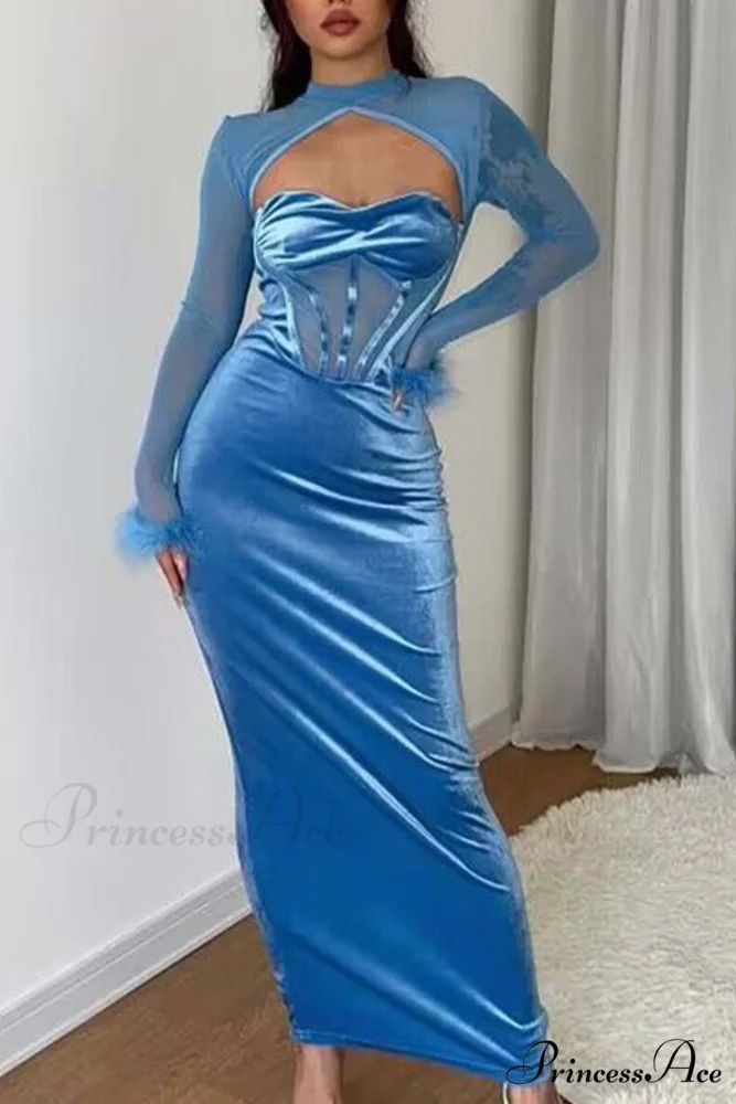 Plush Mesh Patchwork Corset Midi Dress with Hollow Detail - Image 8