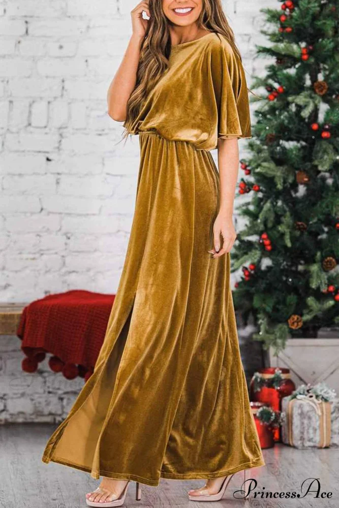 Velvet Crew Neck Midi Dress with High Slit - Image 2
