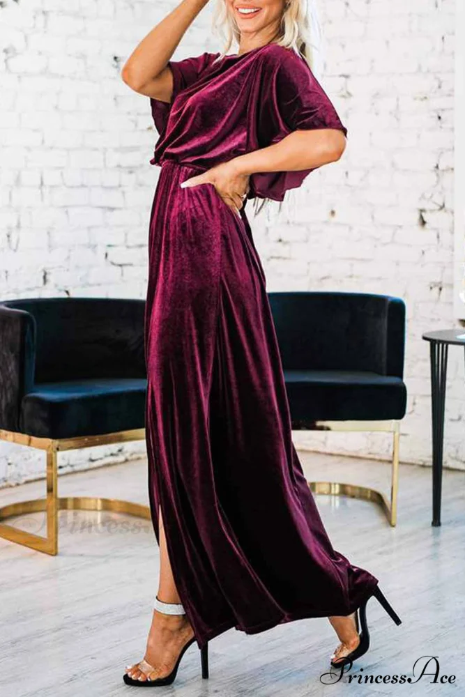 Velvet Crew Neck Midi Dress with High Slit - Image 5