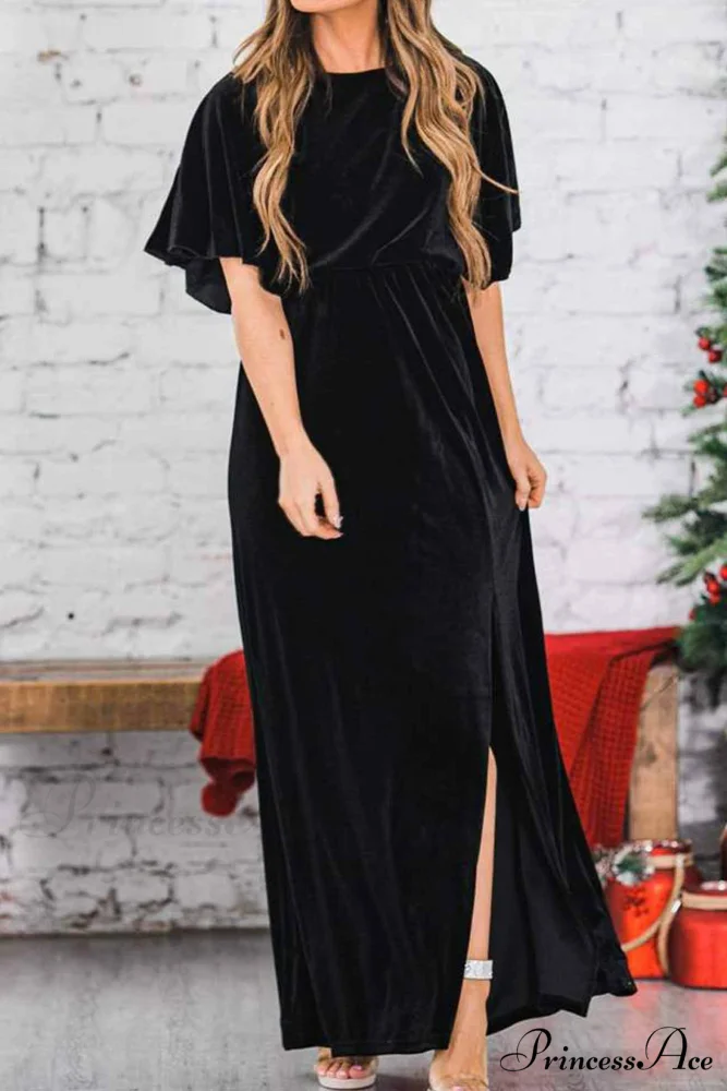 Velvet Crew Neck Midi Dress with High Slit - Image 6