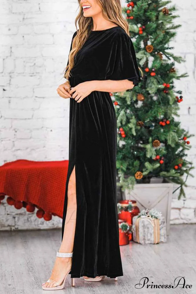 Velvet Crew Neck Midi Dress with High Slit - Image 7