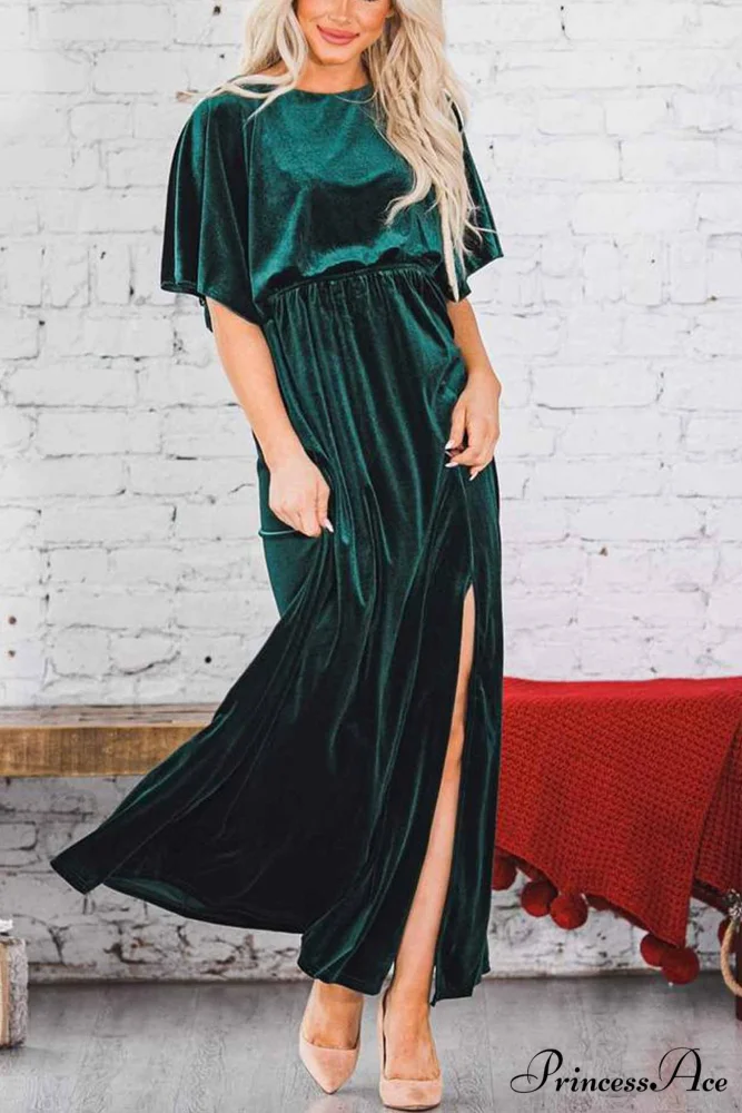Velvet Crew Neck Midi Dress with High Slit - Image 8