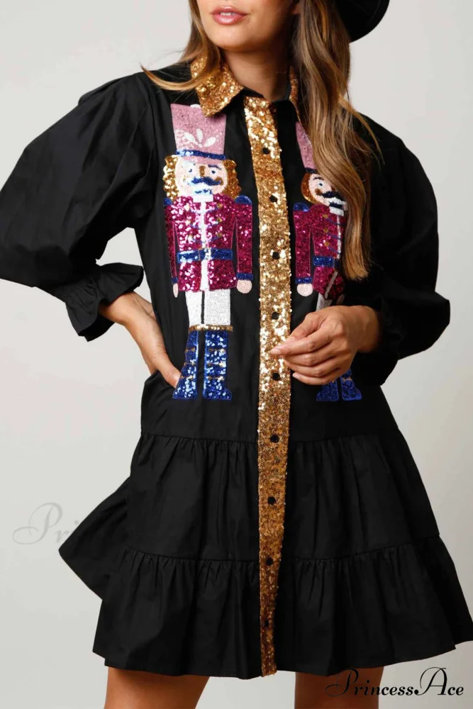 Sequin Tiered Mini Dress with Lapel Button Up - Image 3