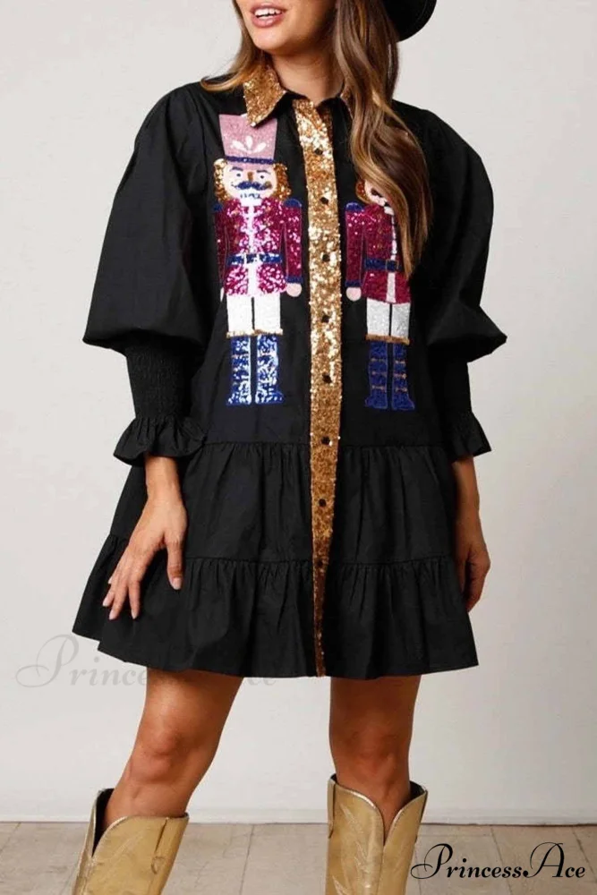 Sequin Tiered Mini Dress with Lapel Button Up - Image 5