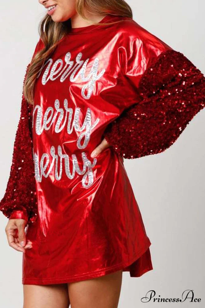 Sequin Sleeve Letter Graphic Dress - Image 2