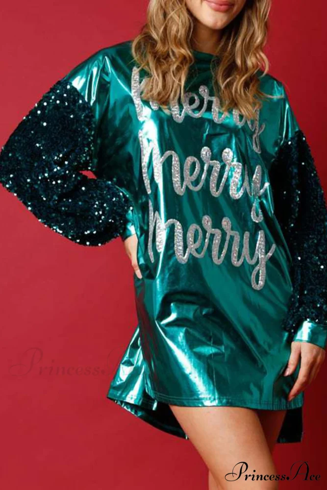 Sequin Sleeve Letter Graphic Dress - Image 4