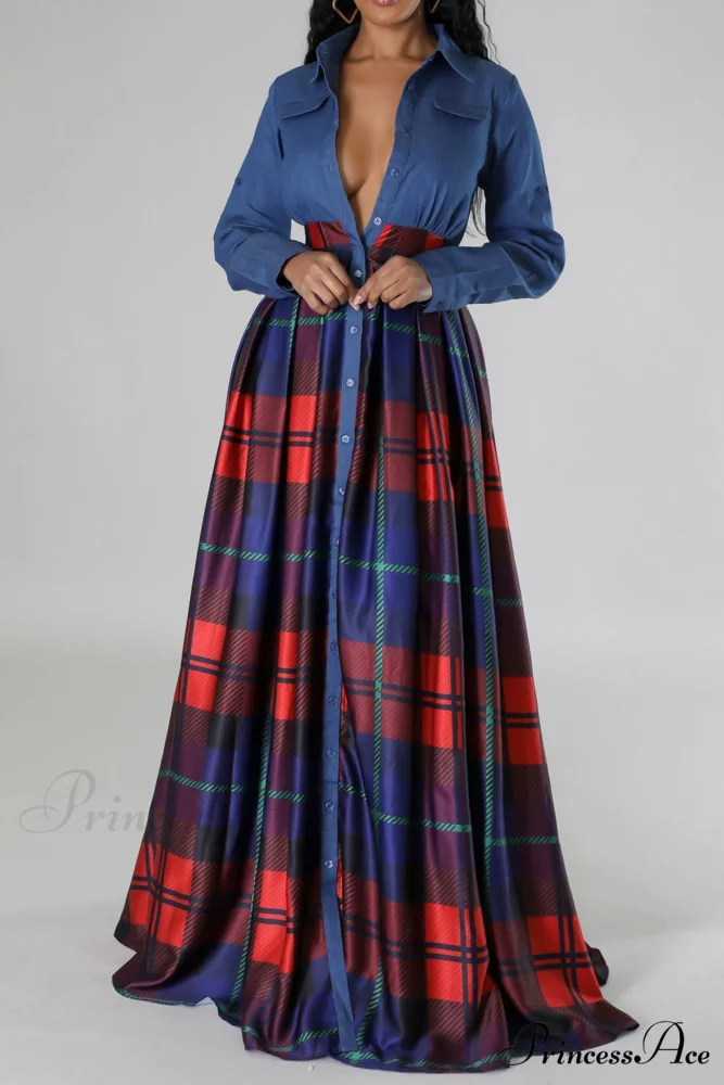 Plaid Printed Shirt Dress with Lapel - Image 2