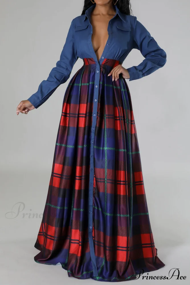 Plaid Printed Shirt Dress with Lapel - Image 3