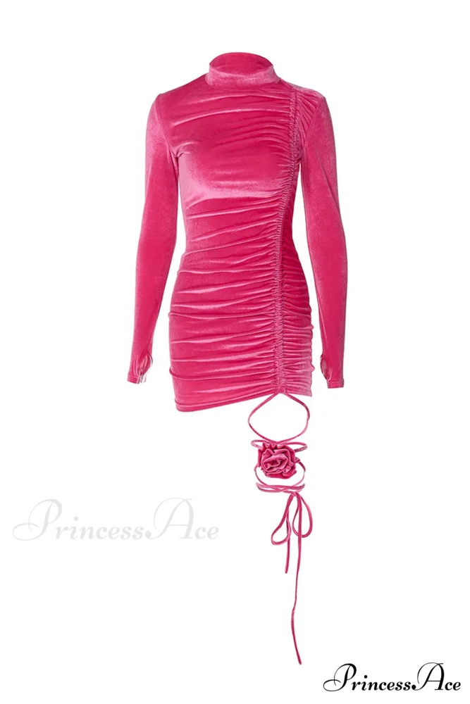 Suede Mock Neck Drawstring Floral Mini Dress - Image 10