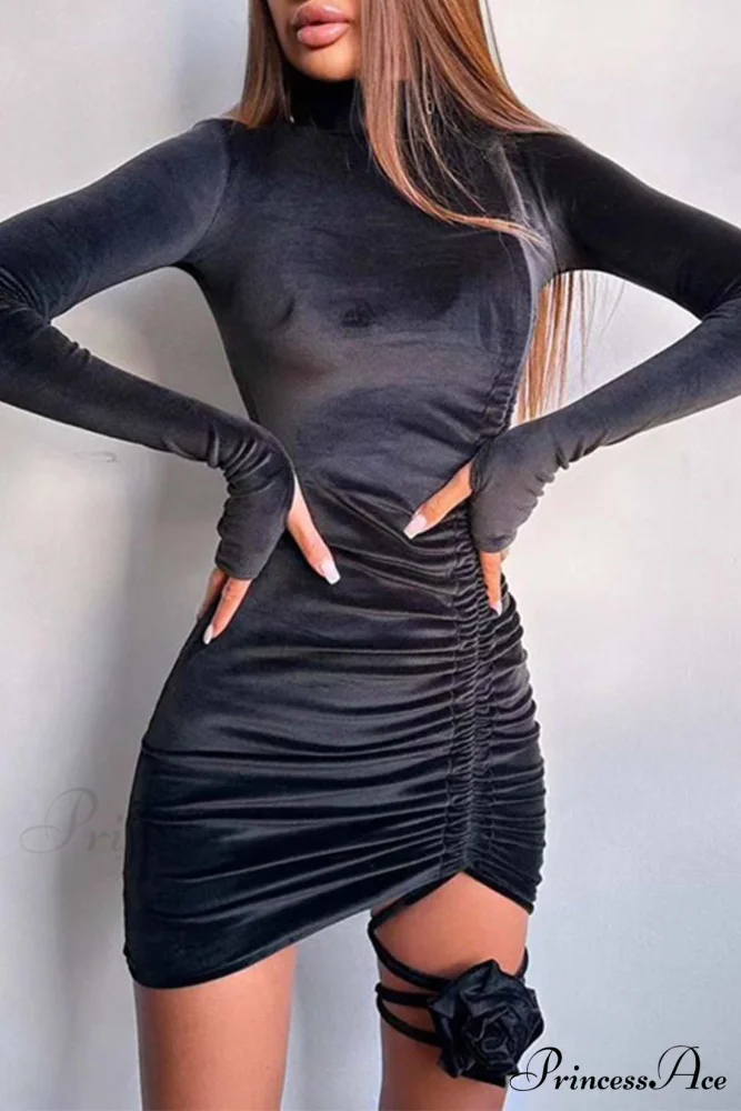 Suede Mock Neck Drawstring Floral Mini Dress - Image 5