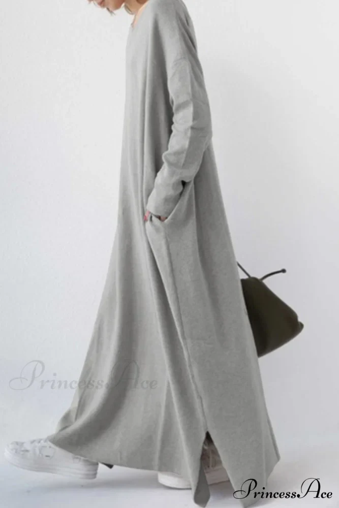V Neck Sweatshirt Dress with Slit Hem - Image 2