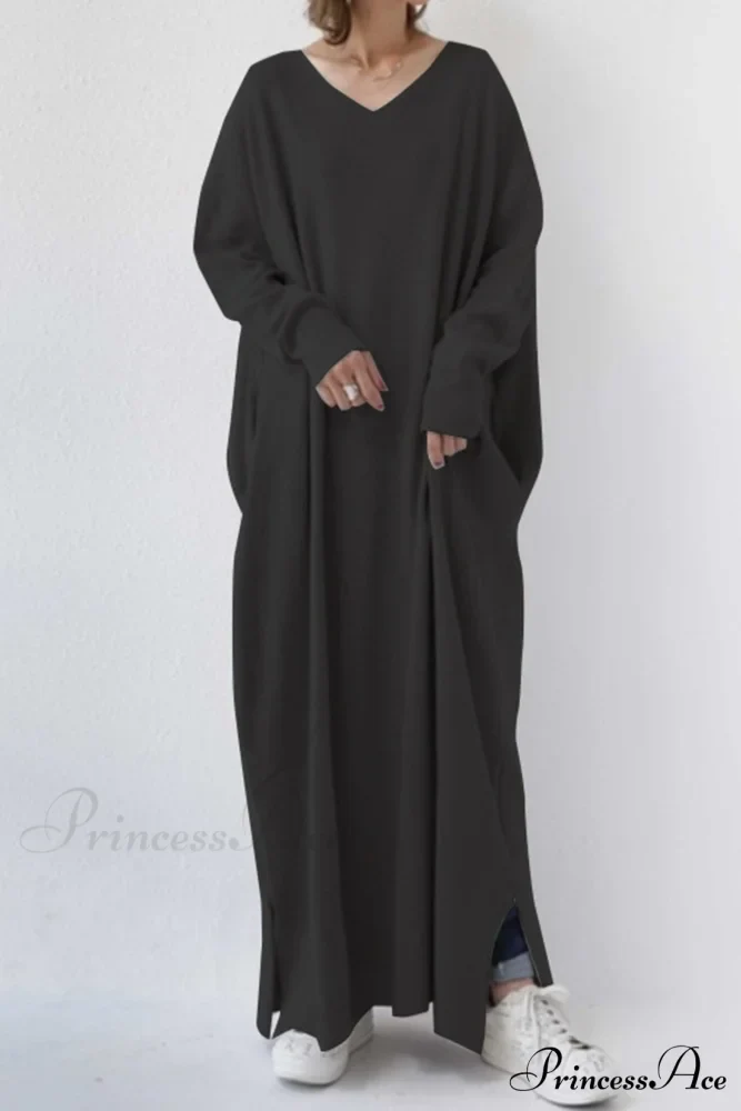 V Neck Sweatshirt Dress with Slit Hem - Image 6