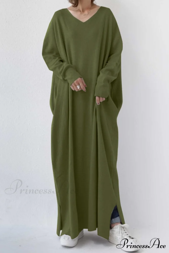 V Neck Sweatshirt Dress with Slit Hem - Image 9