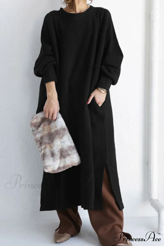 Slit Sweatshirt Dress with Crew Neck - Image 2