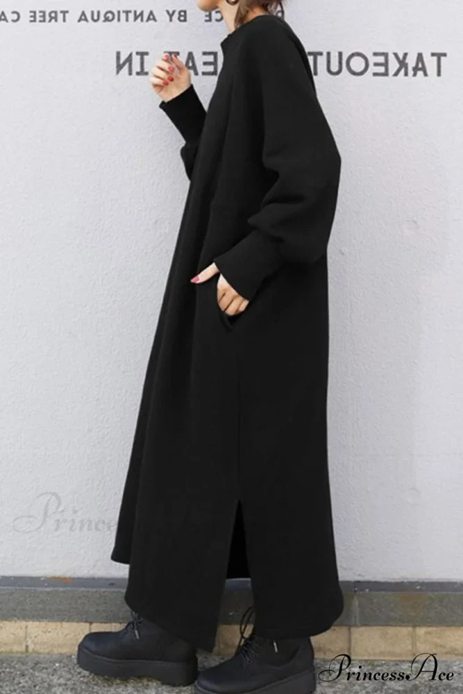Slit Sweatshirt Dress with Crew Neck - Image 3
