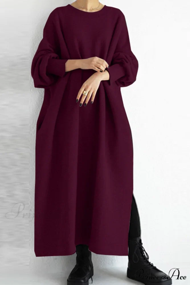 Slit Sweatshirt Dress with Crew Neck - Image 4