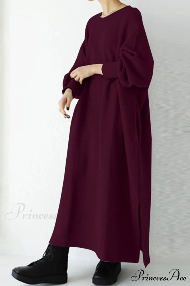 Slit Sweatshirt Dress with Crew Neck - Image 5