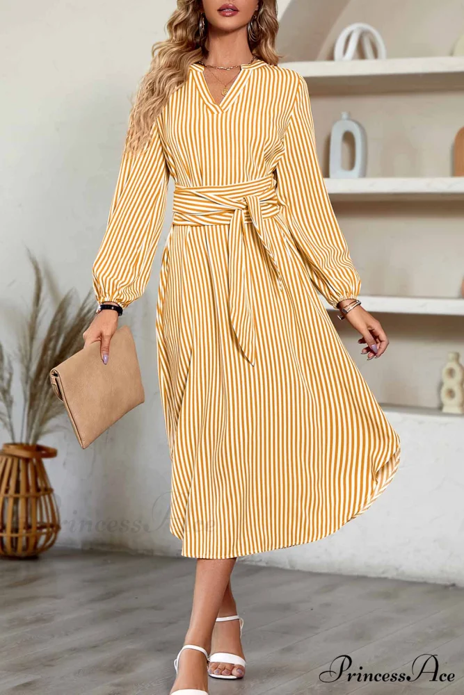 Striped V Neck Tie Waist Long Sleeve Midi Dress - Image 10