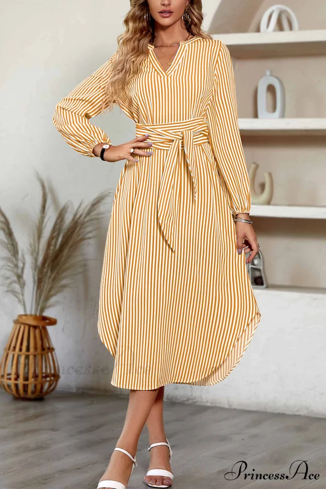 Striped V Neck Tie Waist Long Sleeve Midi Dress - Image 11
