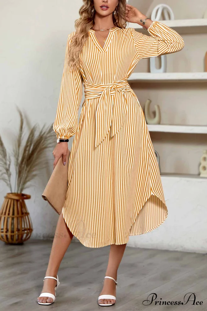 Striped V Neck Tie Waist Long Sleeve Midi Dress - Image 12