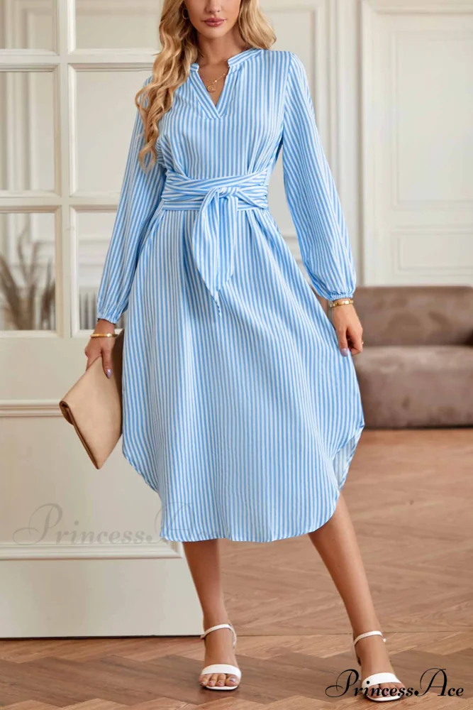 Striped V Neck Tie Waist Long Sleeve Midi Dress - Image 2